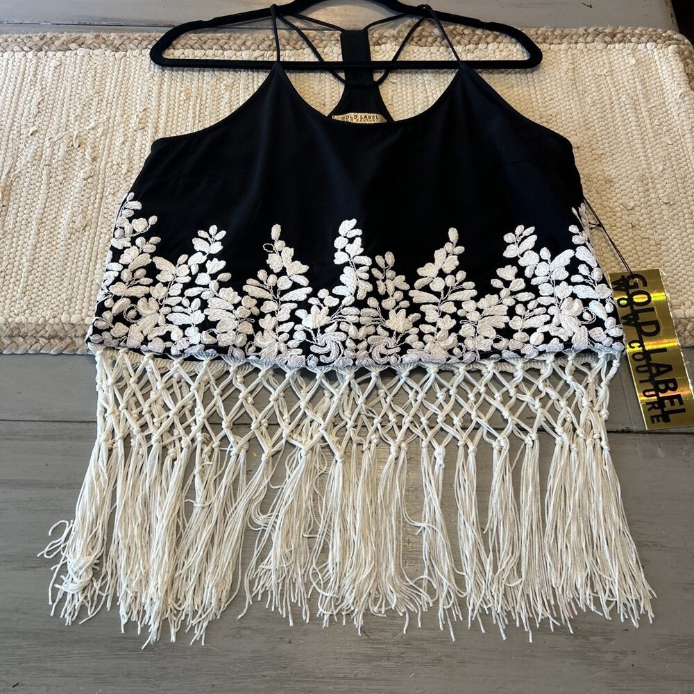 Gold Label Black White Embroidered Leaves Macrame Fringe Cropped Tank Top Sz M